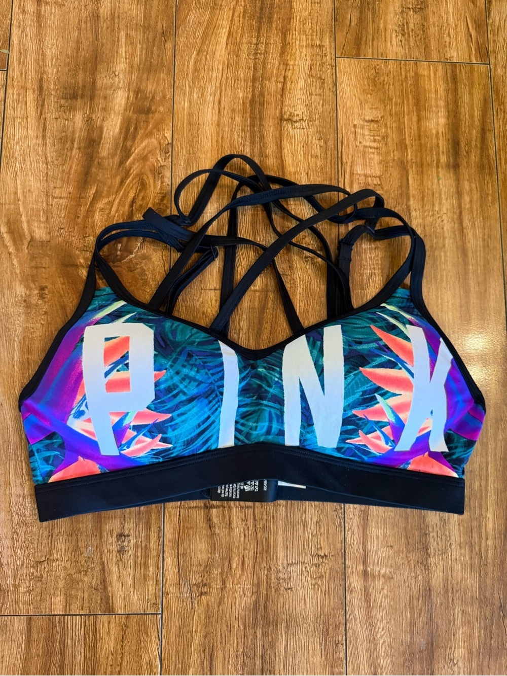 PINK Victoria's Secret Tropical Strappy Push Up Sports Bra Blue Pink Teal Small